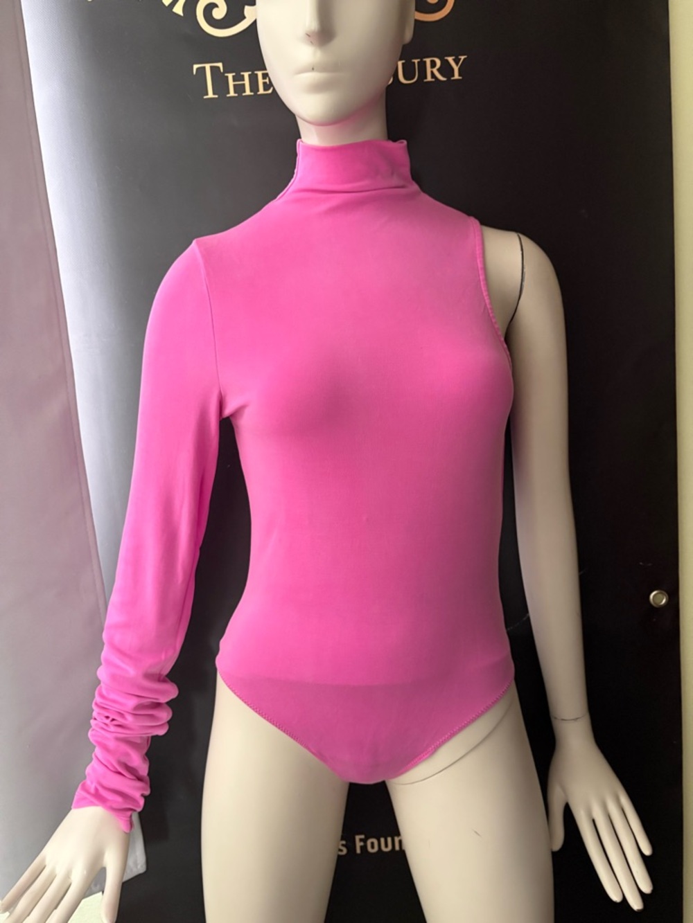 One-Sleeve Mock Neck Bodysuit in Hot Pink